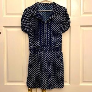 Poetry Women’s Shortsleeved Romper, Size L. Navy Blue with White Aztec Design.